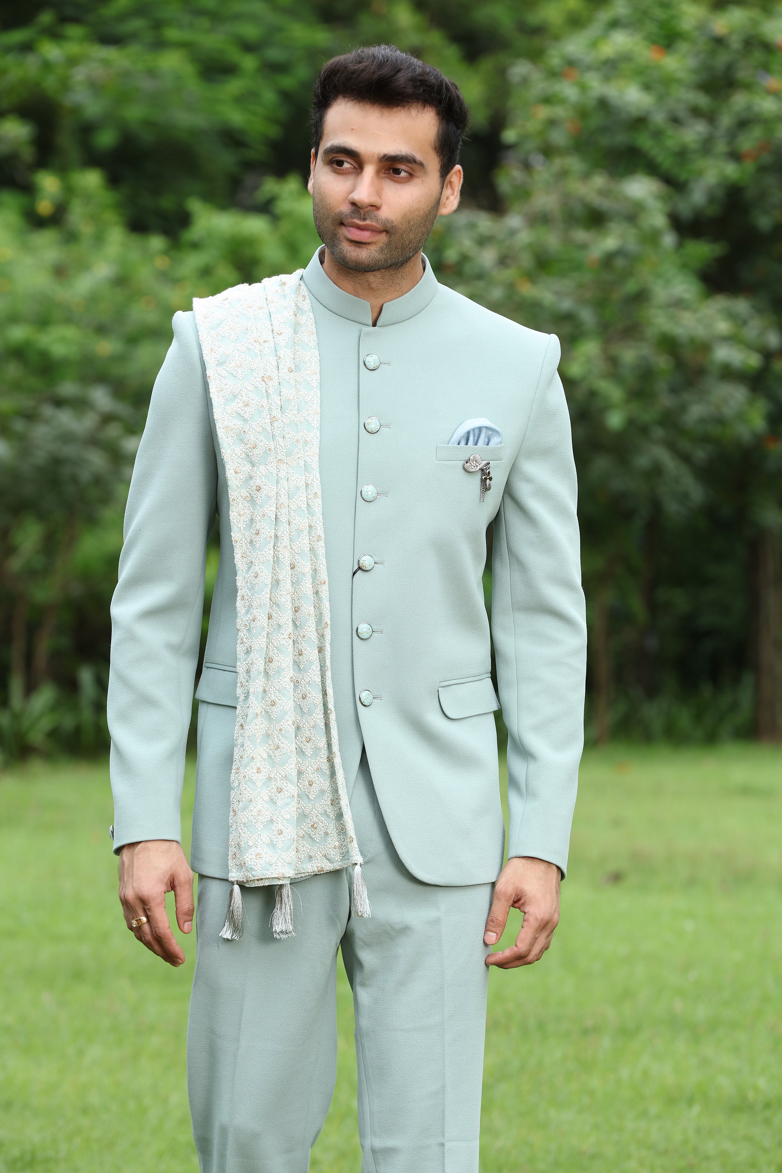 Personalised Moss Green Royal Jodhpuri Suit with Black Pants - Rajanyas -  4171998
